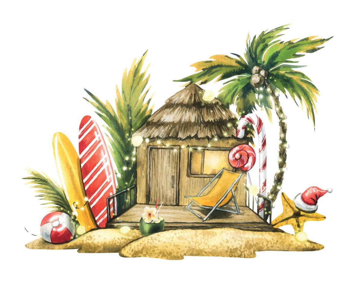 New Year in the tropics with bungalows, surfboards, palm trees and Christmas candies. Watercolor illustration. Composition on a white background. For the design of tourism postcards. vector