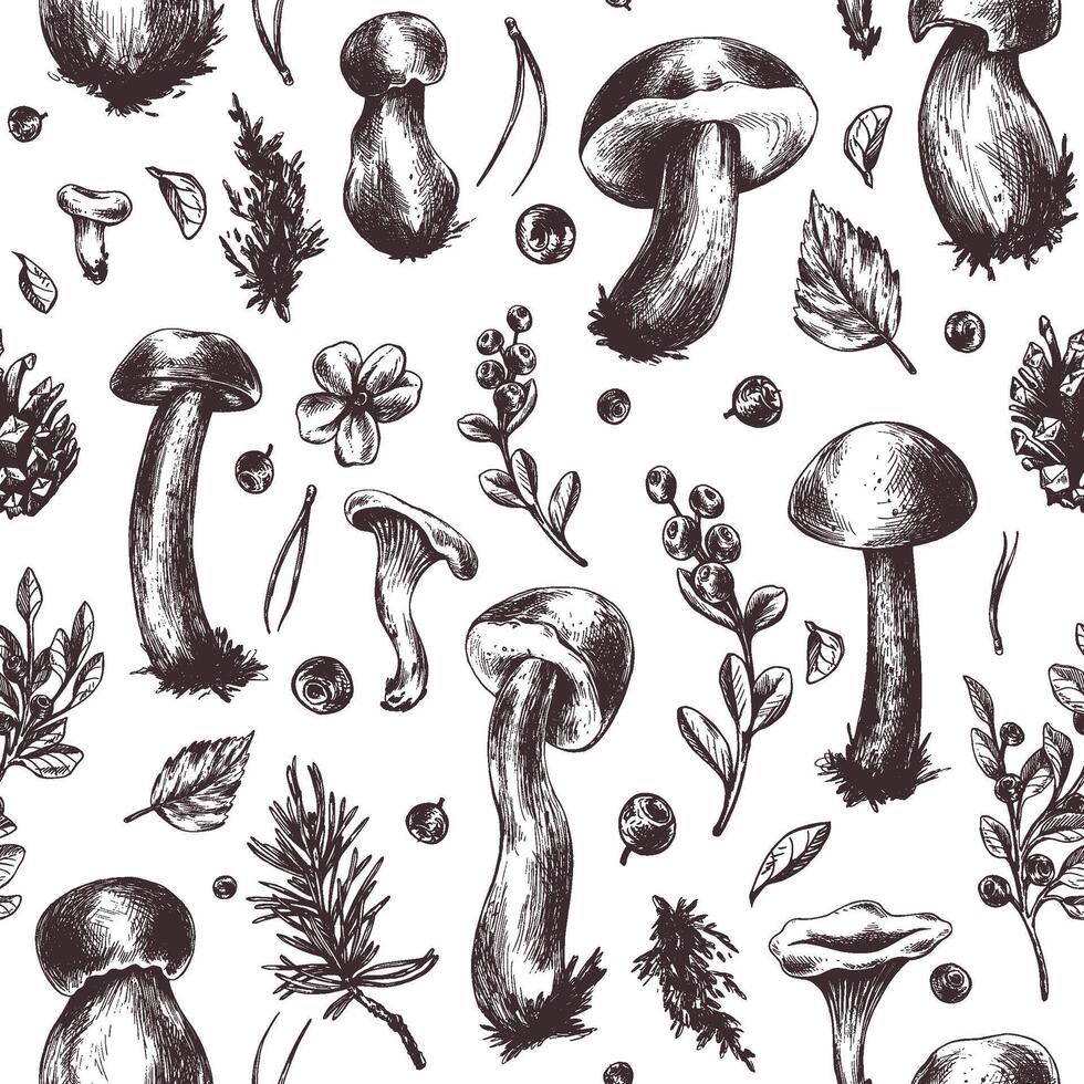 Forest edible mushrooms boletus and chanterelles with blueberries, lingonberries, autumn leaves and twigs. Graphic illustration, hand drawn with brown ink, line art monochrome. Seamless pattern vector