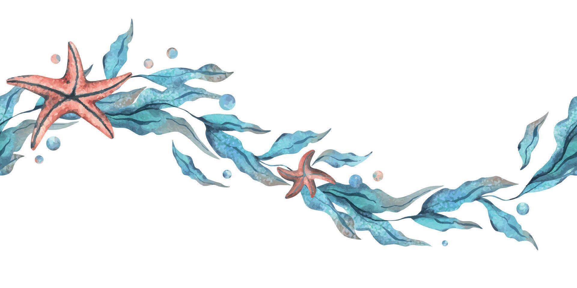 Seaweed in the shape of a wave with starfish and water bubbles. Watercolor illustration hand drawn in turquoise and coral colors. Seamless border, pattern isolated from the background vector