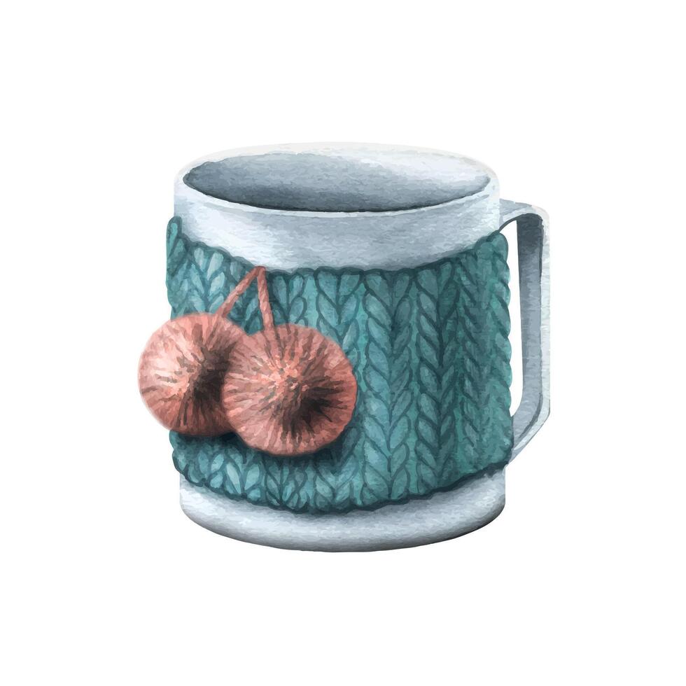 A white mug in a knitted decor. Watercolor illustration. An isolated object from a large set of COZY WINTER. For decoration and design, compositions on New Year, Christmas and winter themes. vector