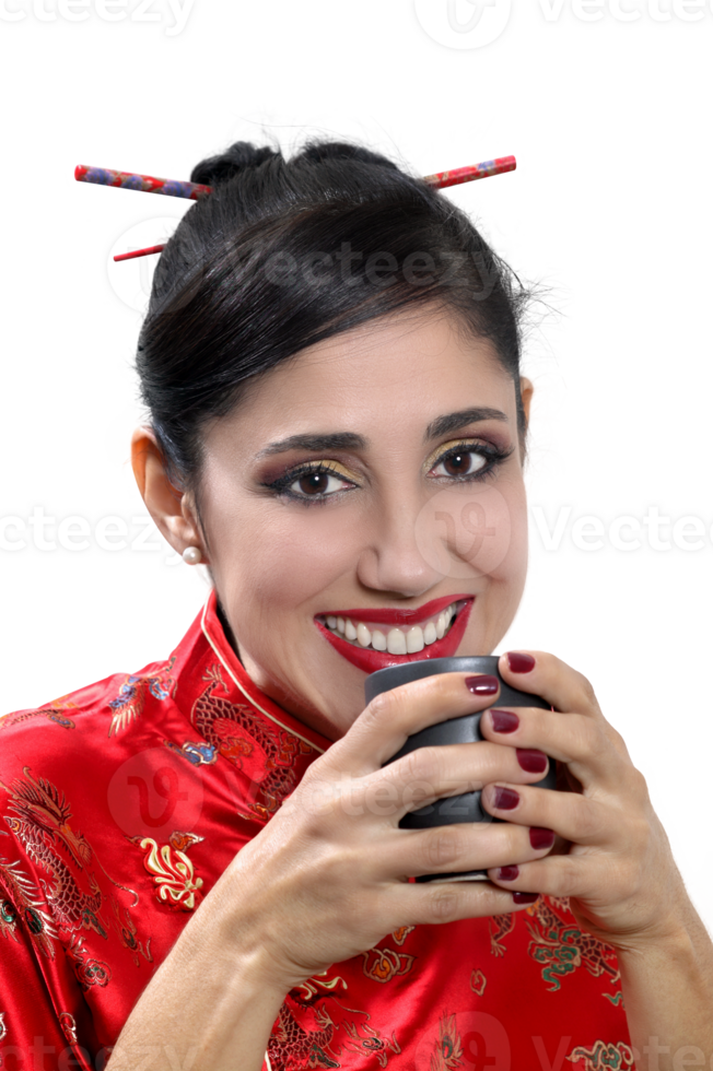 Brazilian model with hair, makeup and clothes in Chinese girl style on neutral background png