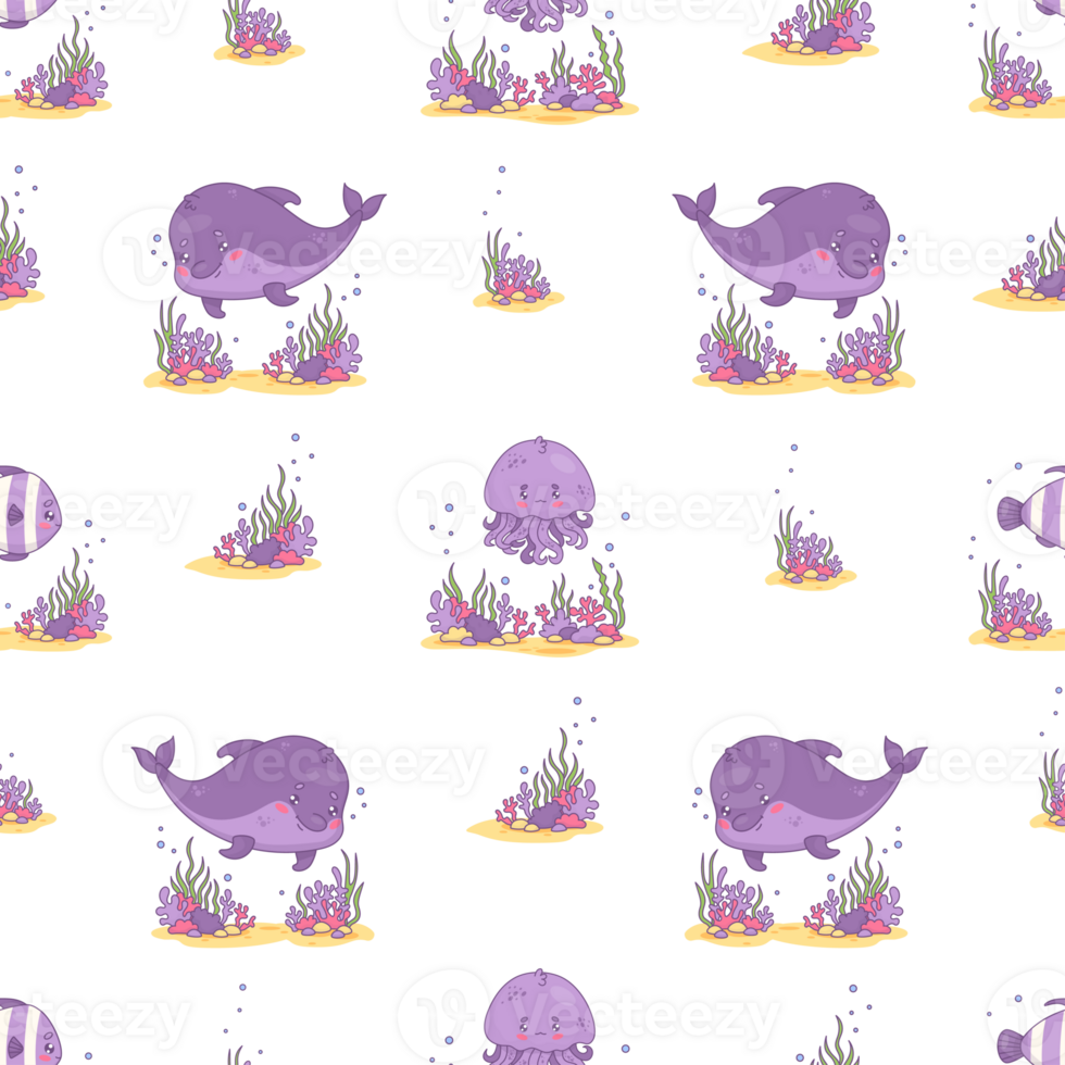 Seamless pattern with marine underwater inhabitants png