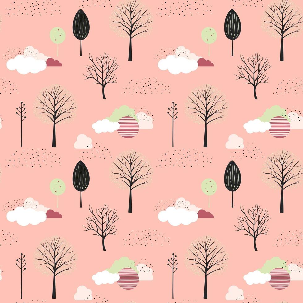 Cute fantasy seamless pattern. Spring trees pattern. Childish trees background. vector