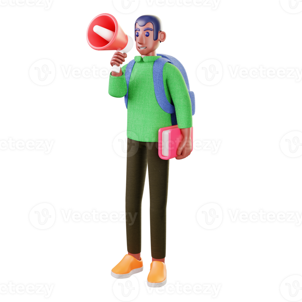 a student with a green jacket and a backpack with a red book in his hand png