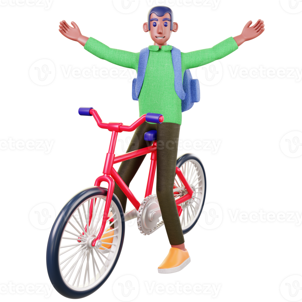 a student riding a red bike with his arms outstretched png