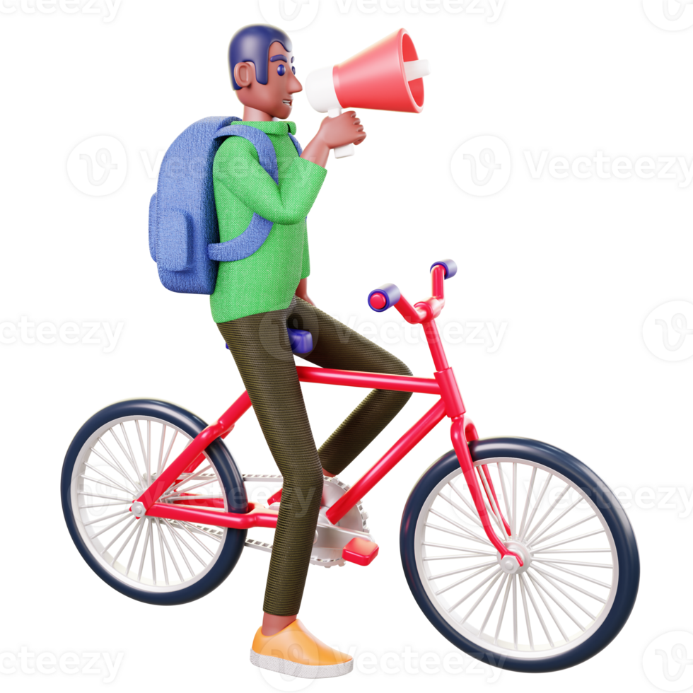 a student with a backpack on with a red bicycle with a megaphone in his hand png