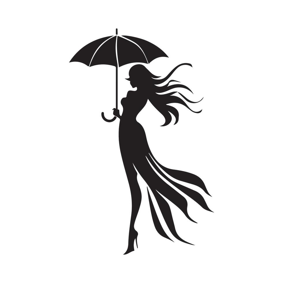 Silhouette of Beautiful Girl with Umbrella Stock Design isolated on white vector