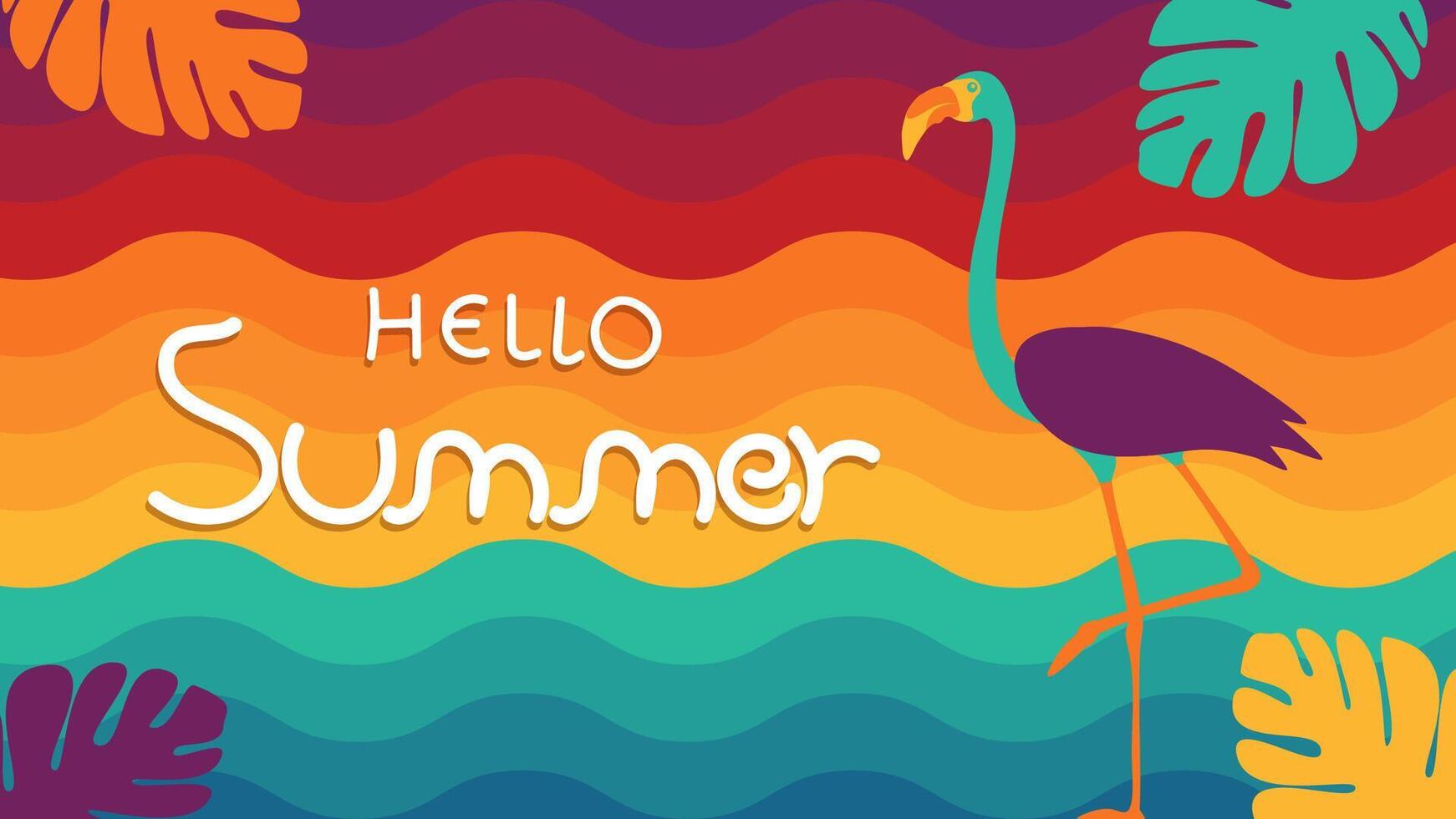 Abstract colorful summer background with tropical leaves and flamingo, illustration vector