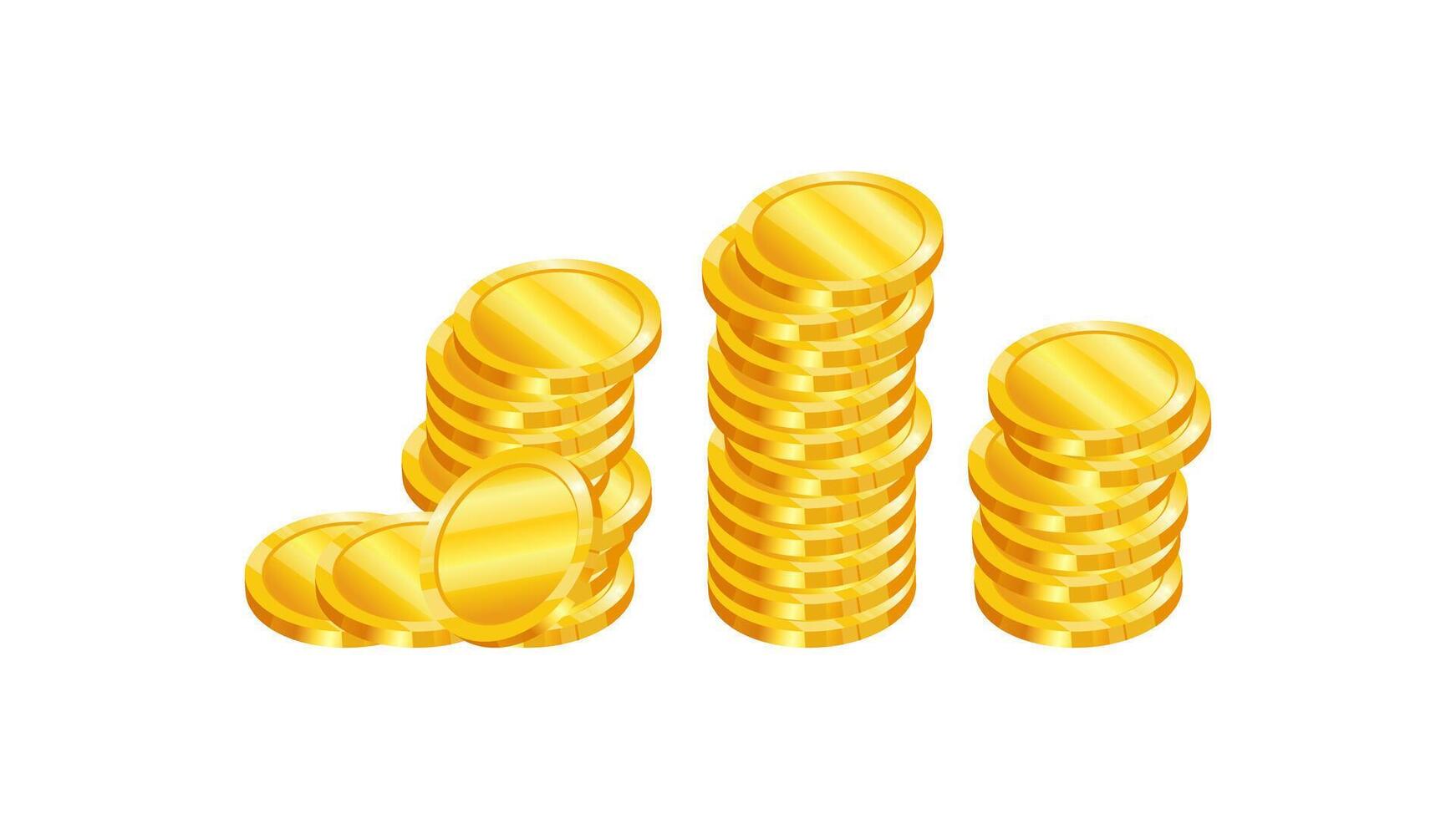 Gold coins in 3d style realistic illustration. Coins stacked in columns. Banner design for bank and financial sector. vector
