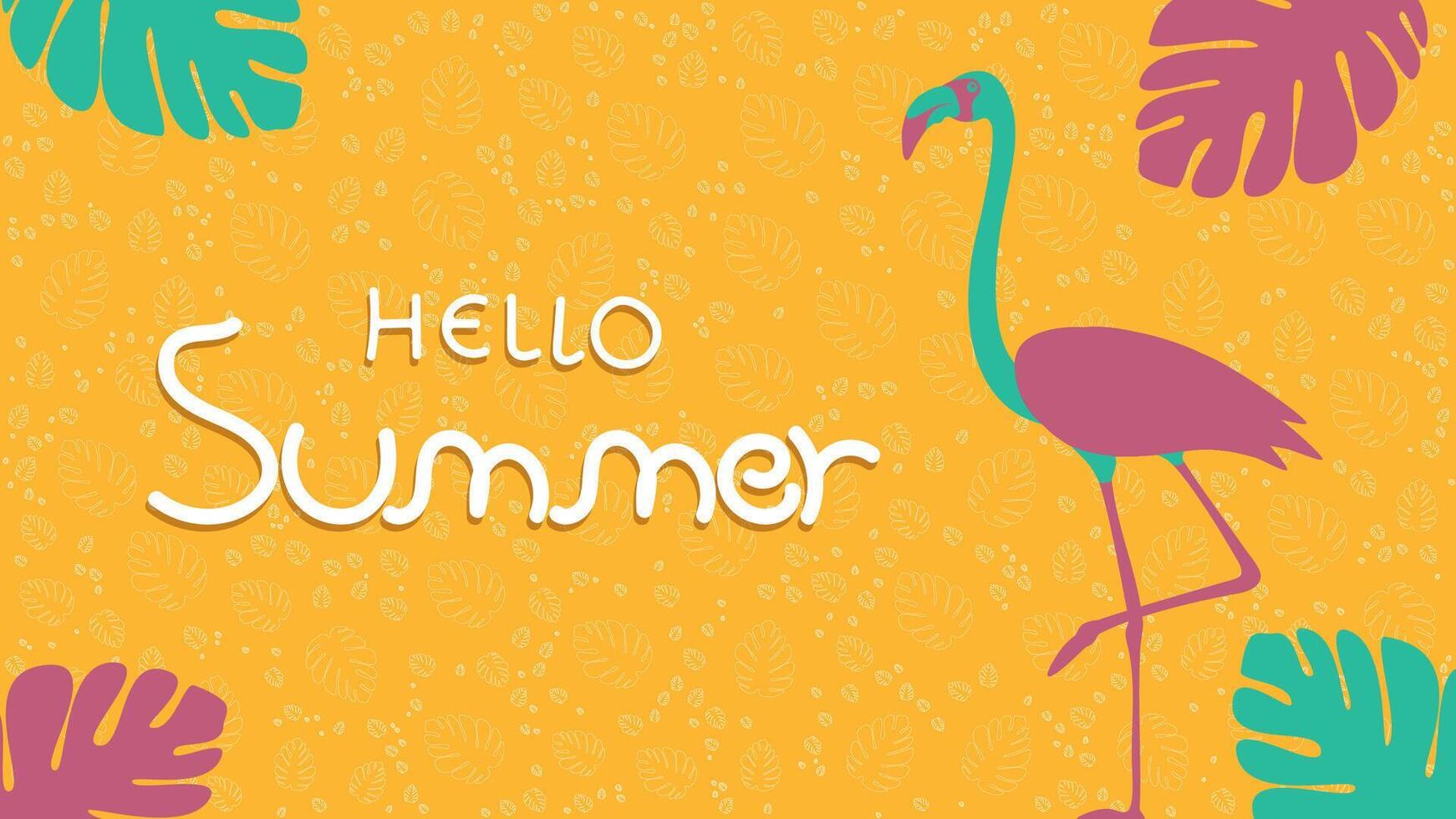 Abstract summer background with tropical leaves and flamingo, illustration vector