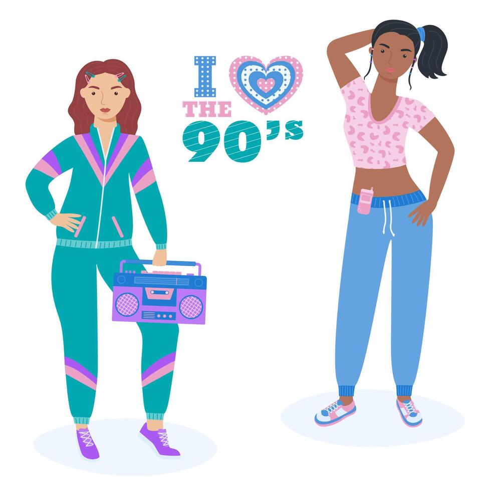A set of girls in retro style. 90 characters. y2k characters. Fashion of the 90s. vector