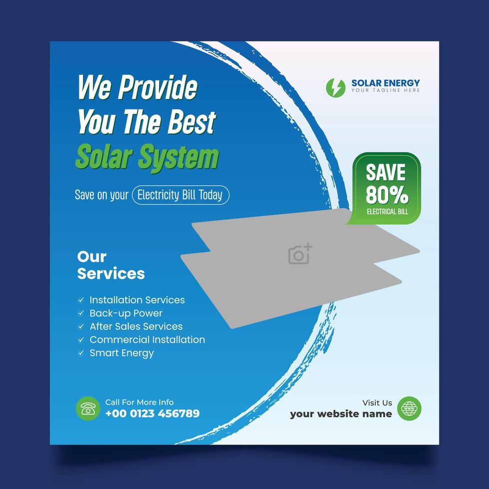 Renewable and sustainable solar energy square social media post flyer and web banner template. vector