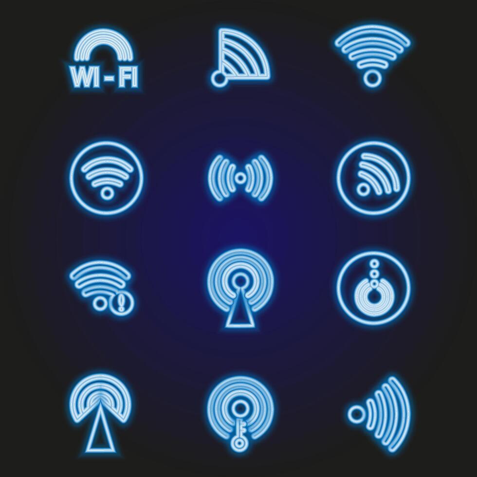 set of blue Wi-Fi wave signal signs isolated on dark background. illustration vector