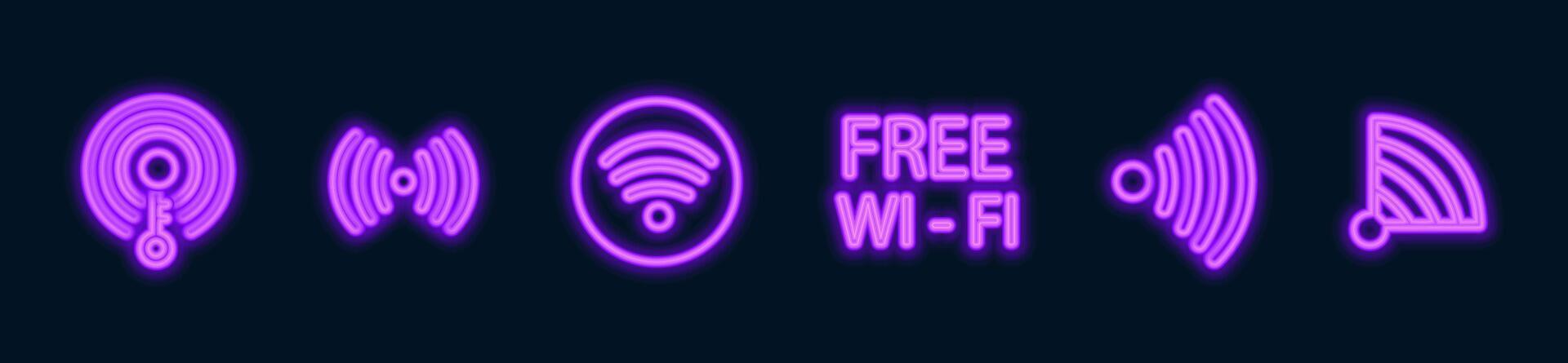set of purple Wi-Fi wave signal signs isolated on dark background. illustration vector