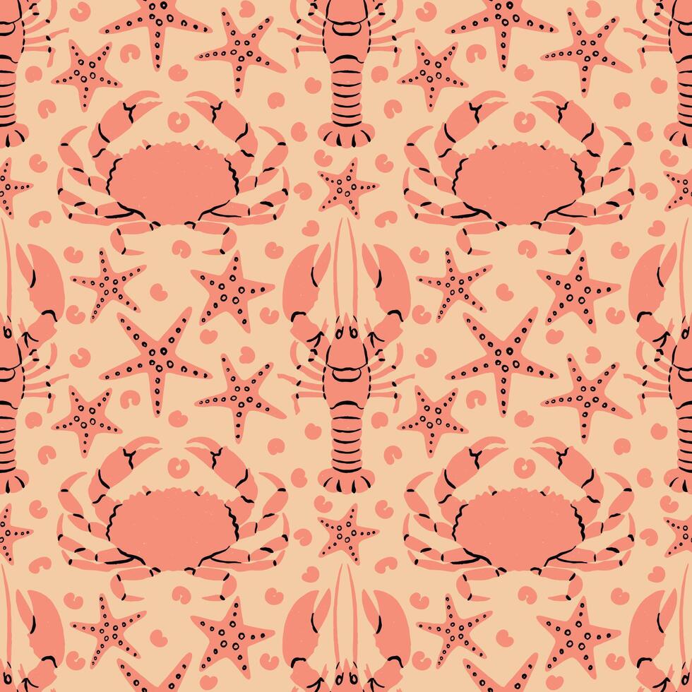 Crabs, Crawfishes and Starfish Seamless Pattern on Coral Background vector