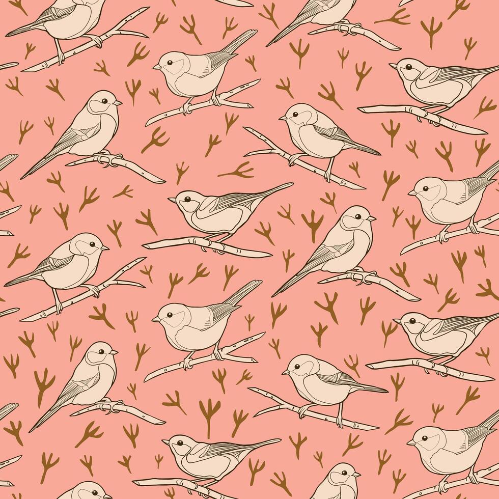 Small Birds on Tree Branches Seamless Pattern vector