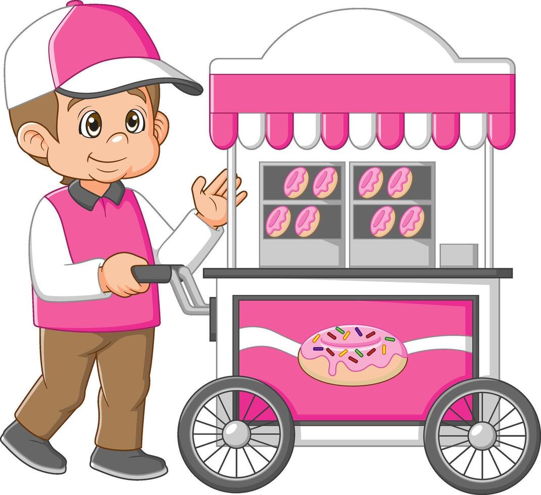 Young caucasian seller standing with donut cart vector