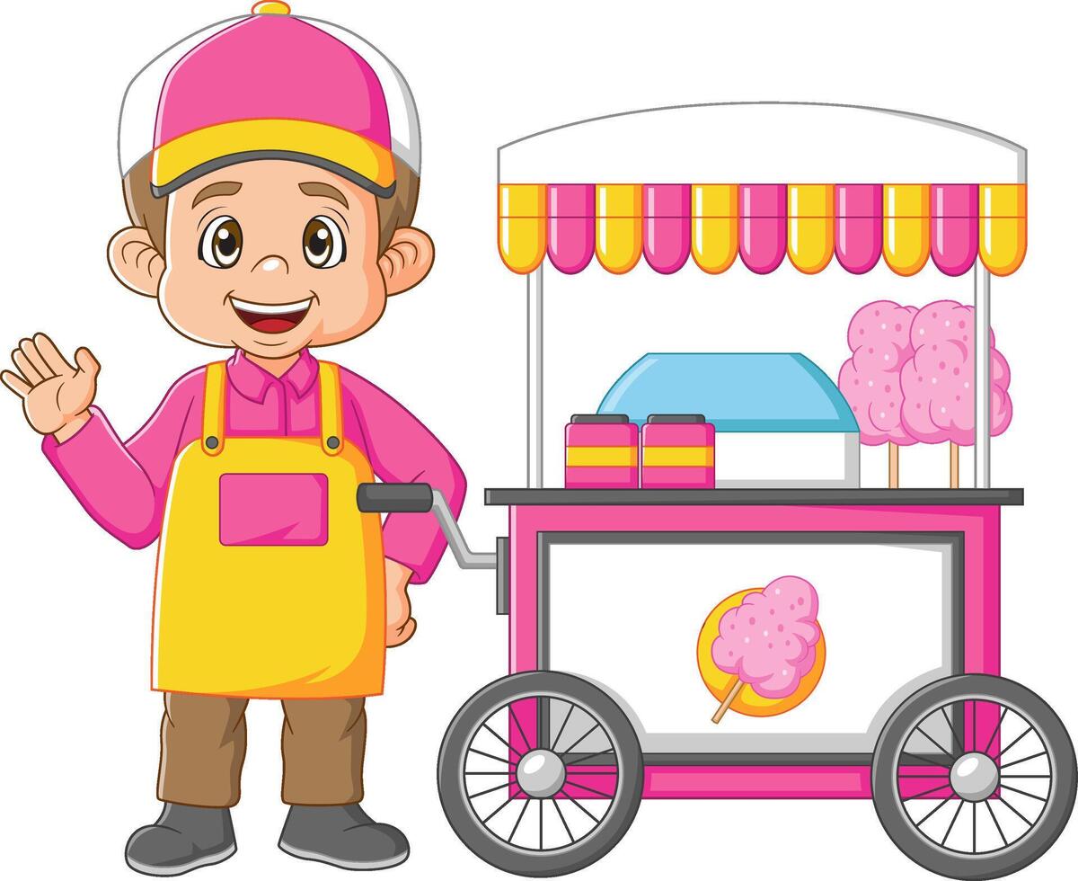 Young caucasian seller standing with cotton candy cart vector