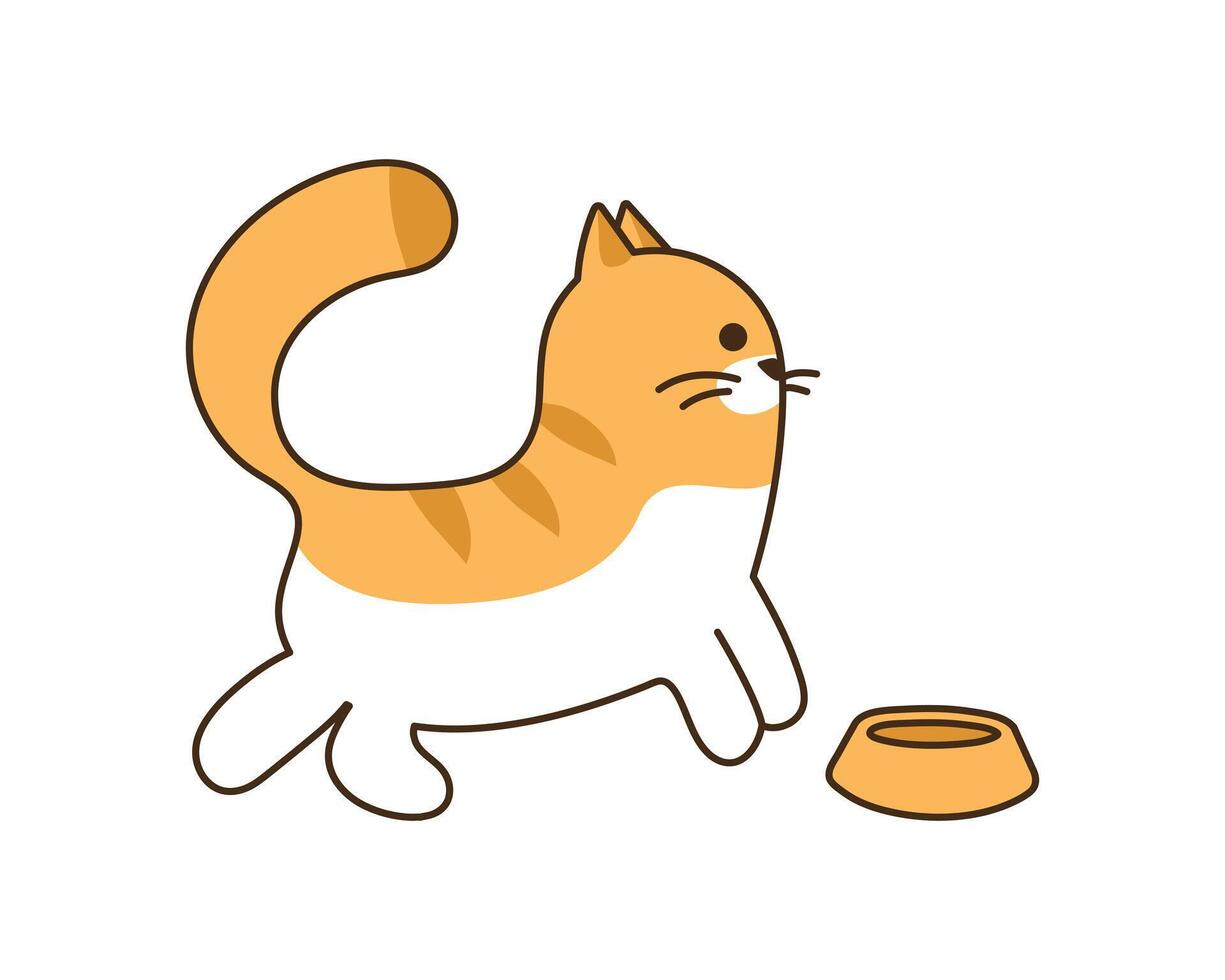 Domestic cat asks for food. Feeding. Cute striped orange pet stands next to bowl. Kawaii cheerful animal is waiting. For stickers. Doodle style. Isolated on white background. illustration vector