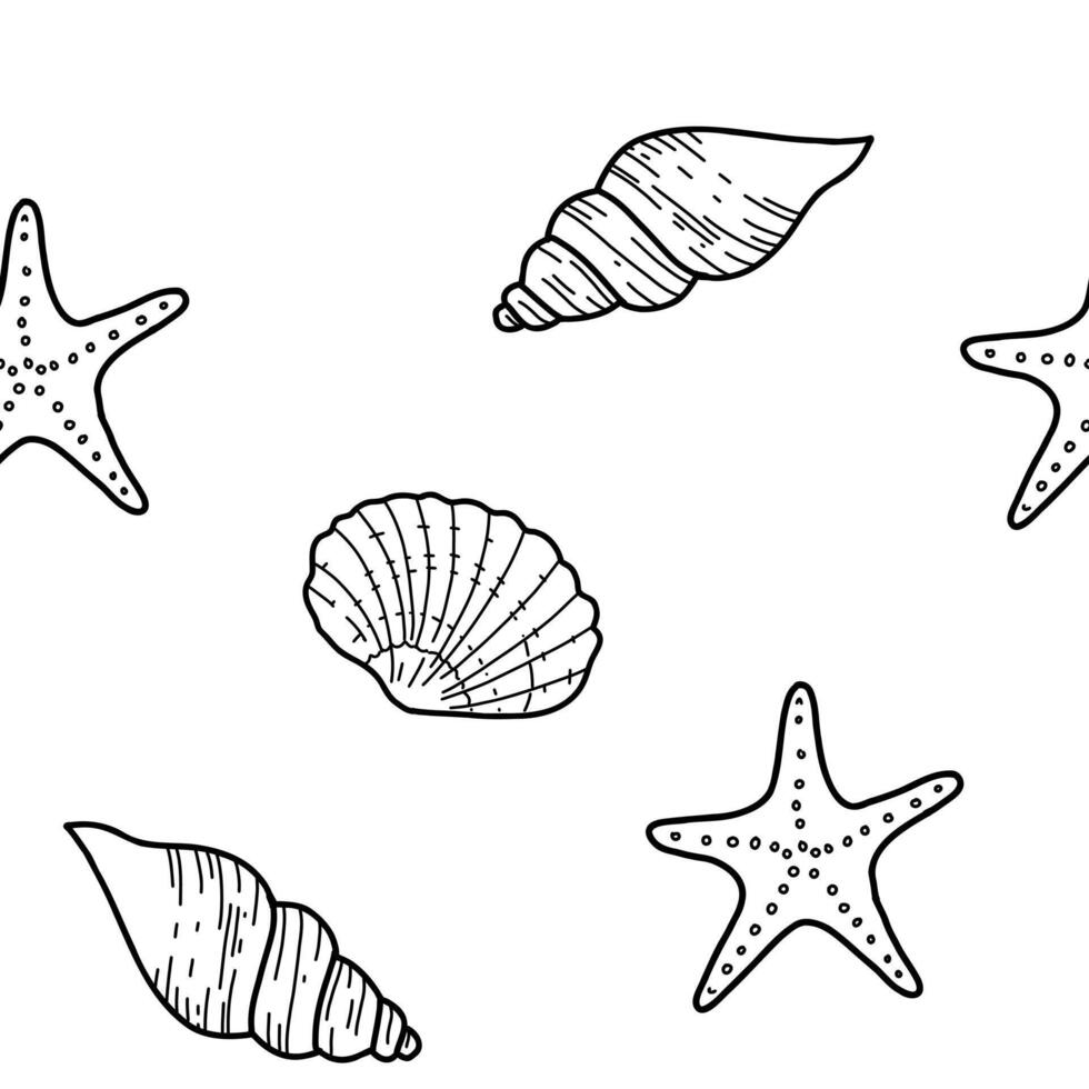 Under the Sea Hand drawn Seamless Pattern with Starfish and Seashells. illustration, line art isolated on white background. For fabric, wallpaper and marine beach design. vector