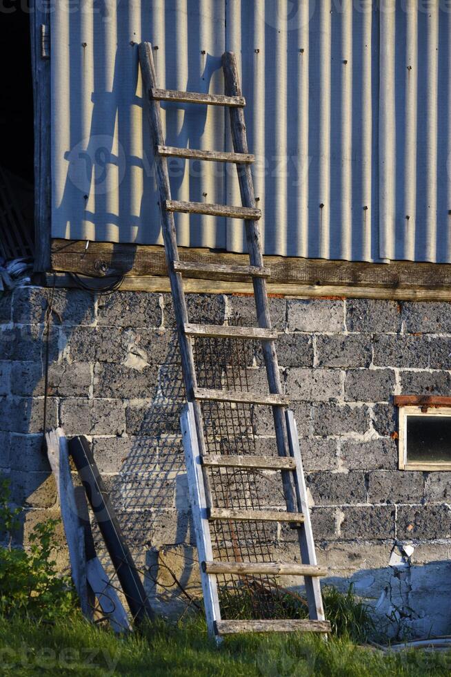 An old wooden staircase tilted onto the barn. Wooden stairs in the village. photo