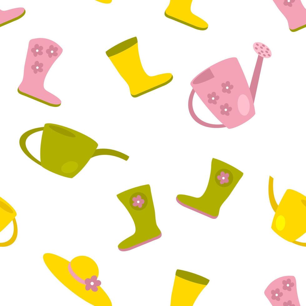 Rubber boots and water cans seamless pattern. Perfect gardening print for tee, paper, textile and fabric. Hand drawn illustration for decor and design. vector