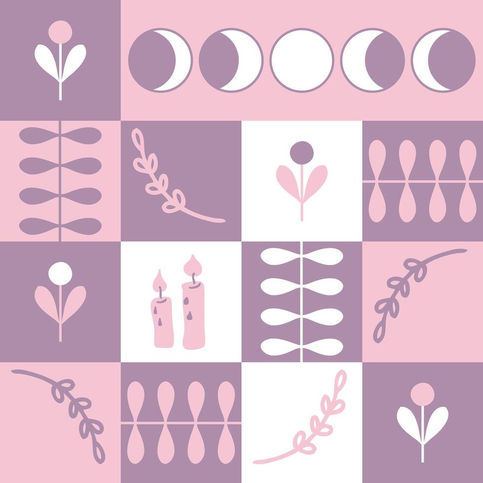 Witchcraft seamless pattern with lunar phases and herbs. Geometric print for paper, textile and fabric. Hand drawn illustration for decor and design. vector