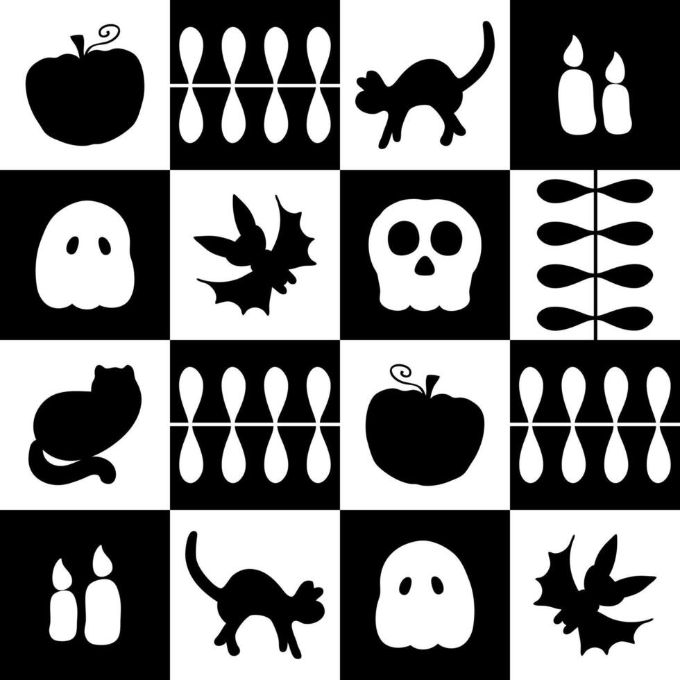 Monochrome black and white Halloween geometric seamless pattern. Witchcraft print for paper, textile and fabric. Hand drawn illustration for decor and design. vector