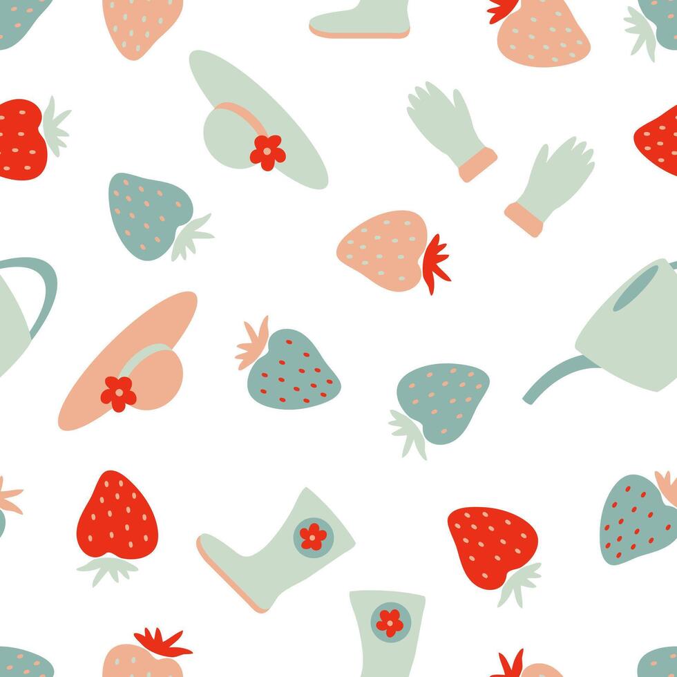 Summer gardening workweas, water cans and strawberries seamless pattern. Perfect print for tee, paper, textile and fabric. Hand drawn illustration for decor and design. vector