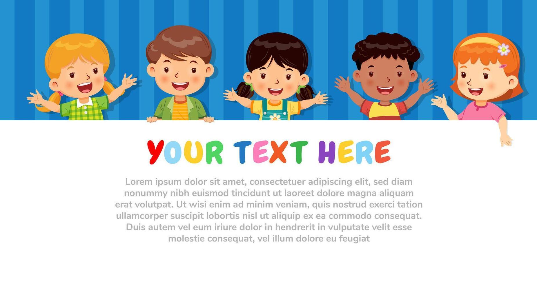Group of kids smiling on color background. Show poster with sample of your text vector