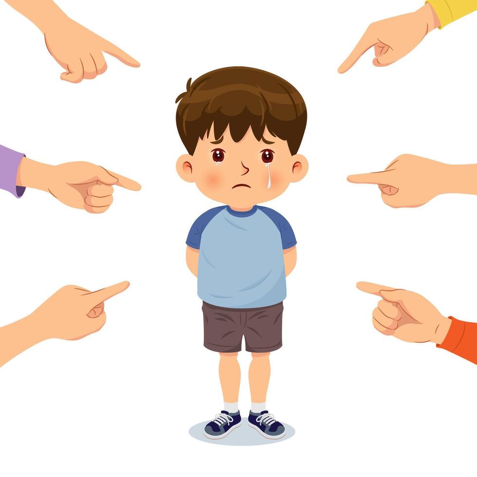 The sad boy was crying, surrounded by the hands vector