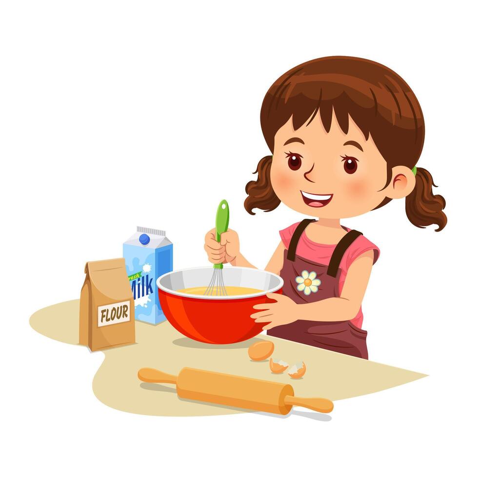 little girl in an apron is mixing ingredients and preparing dough in a bowl at the kitchen counter vector