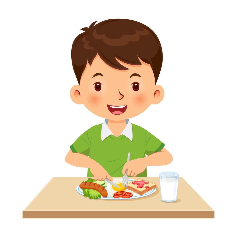 Little boy happy to eating breakfast. Cartoon illustration vector