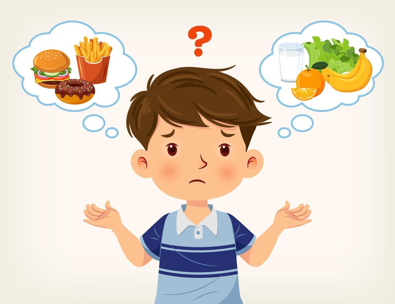 Cute boy was thinking of choosing between junk food or healthy food vector