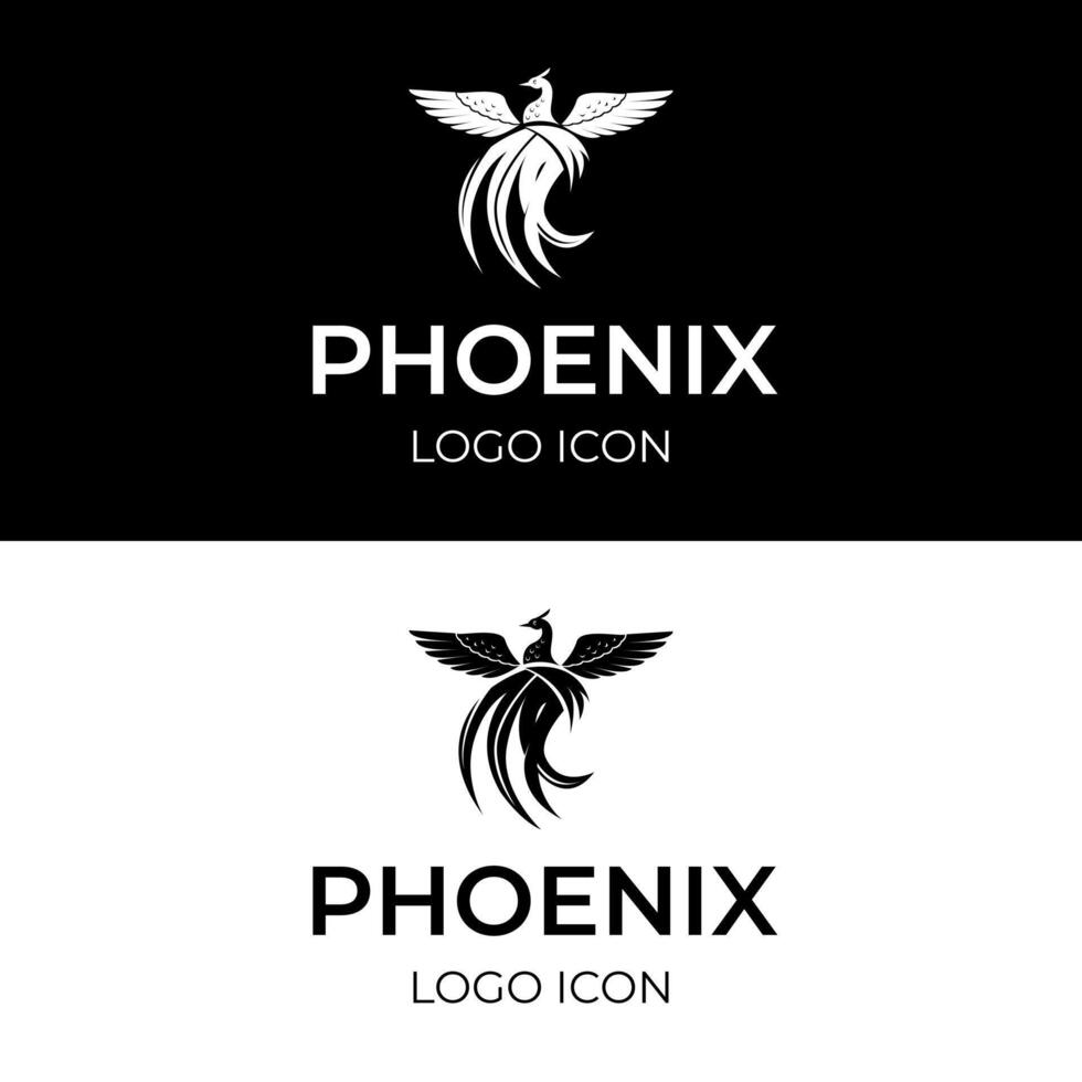 Phoenix bird in simple black logo design with outstretched wings and flowing curved lines tail vector