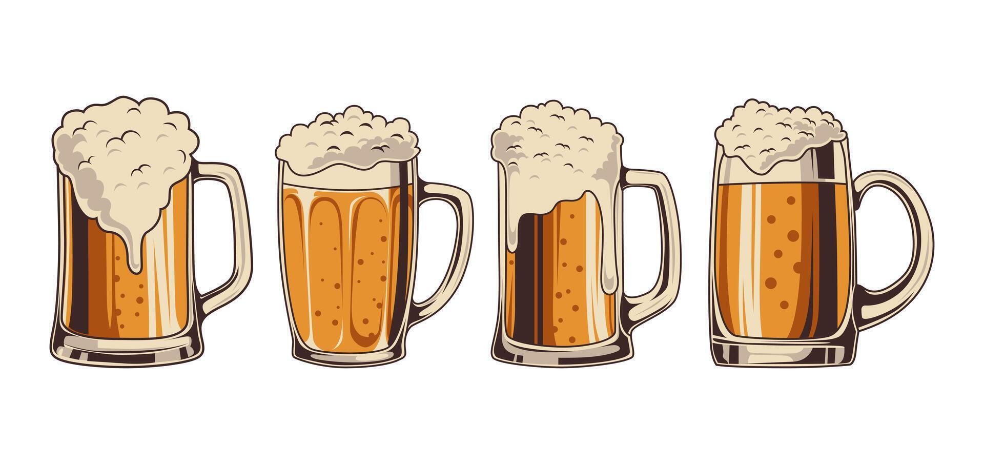 set of beer mugs of foamy fresh drink in vintage style isolated on white background vector