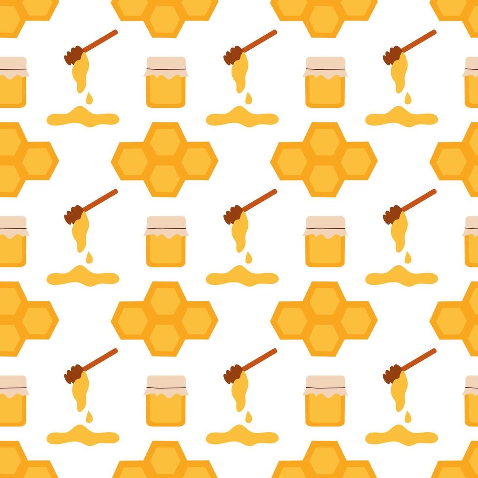 Seamless Pattern with honeycomb geometric hexagonal, honey jar and dipper spoon on white background. Simple Doodle design. flat illustration. vector