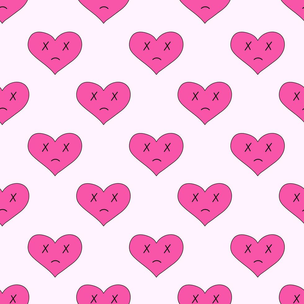 Seamless Pattern with hearts of sadness, dead in emo style. Y2k. Pink weird gloomy hearts. Anti Valentine Day. flat illustration. vector