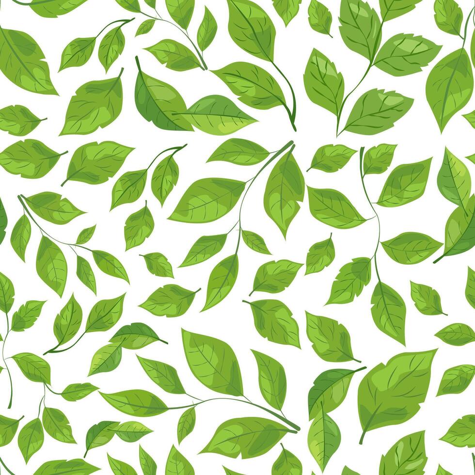 seamless pattern features various shades and shapes of green leaves against a white background. Perfect for nature-themed designs, eco-friendly packaging, and botanical illustrations vector
