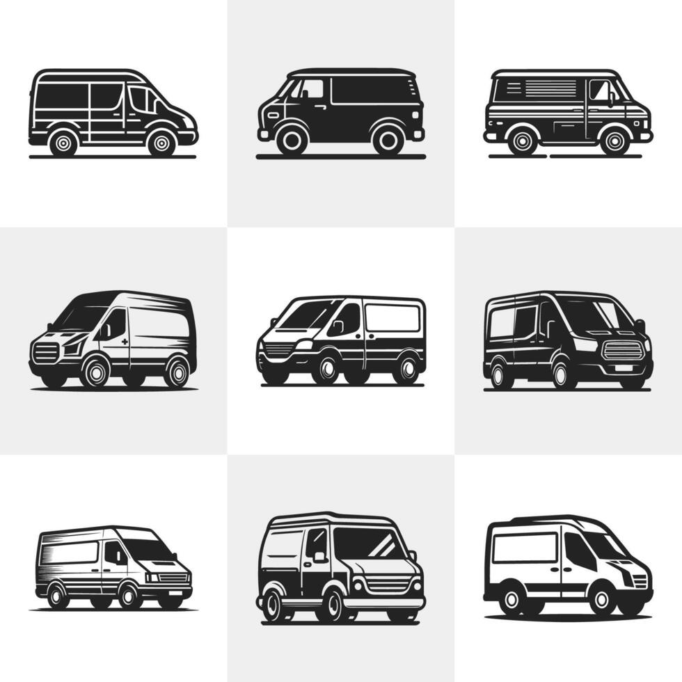 Cargo minibus Set . Contour delivery Van Bundle. Cargo Minivan Set. Cargo Van Silhouette Bundle vector
