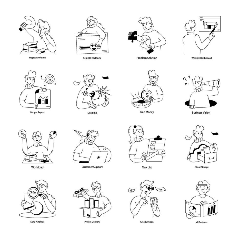 Set of Project Handling Doodle Mini Illustrations vector