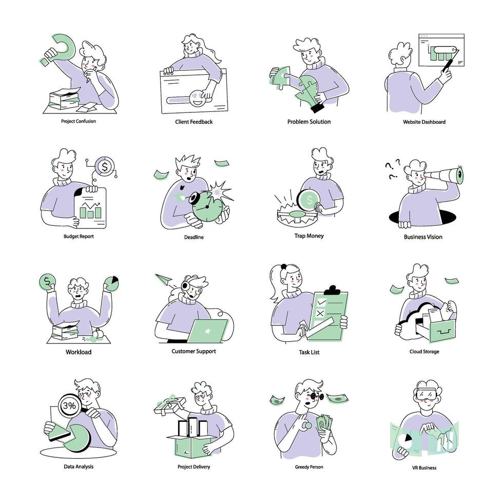 Set of Project Handling Doodle Mini Illustrations vector