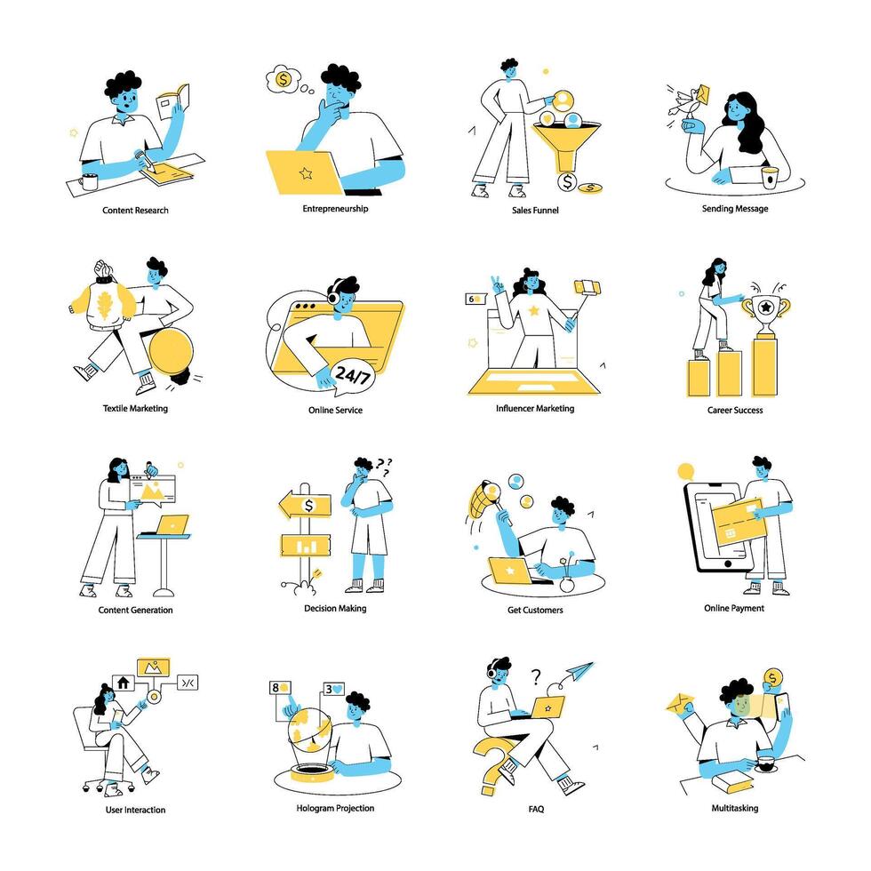 Collection of Marketing Strategies Outline Mini Illustrations vector