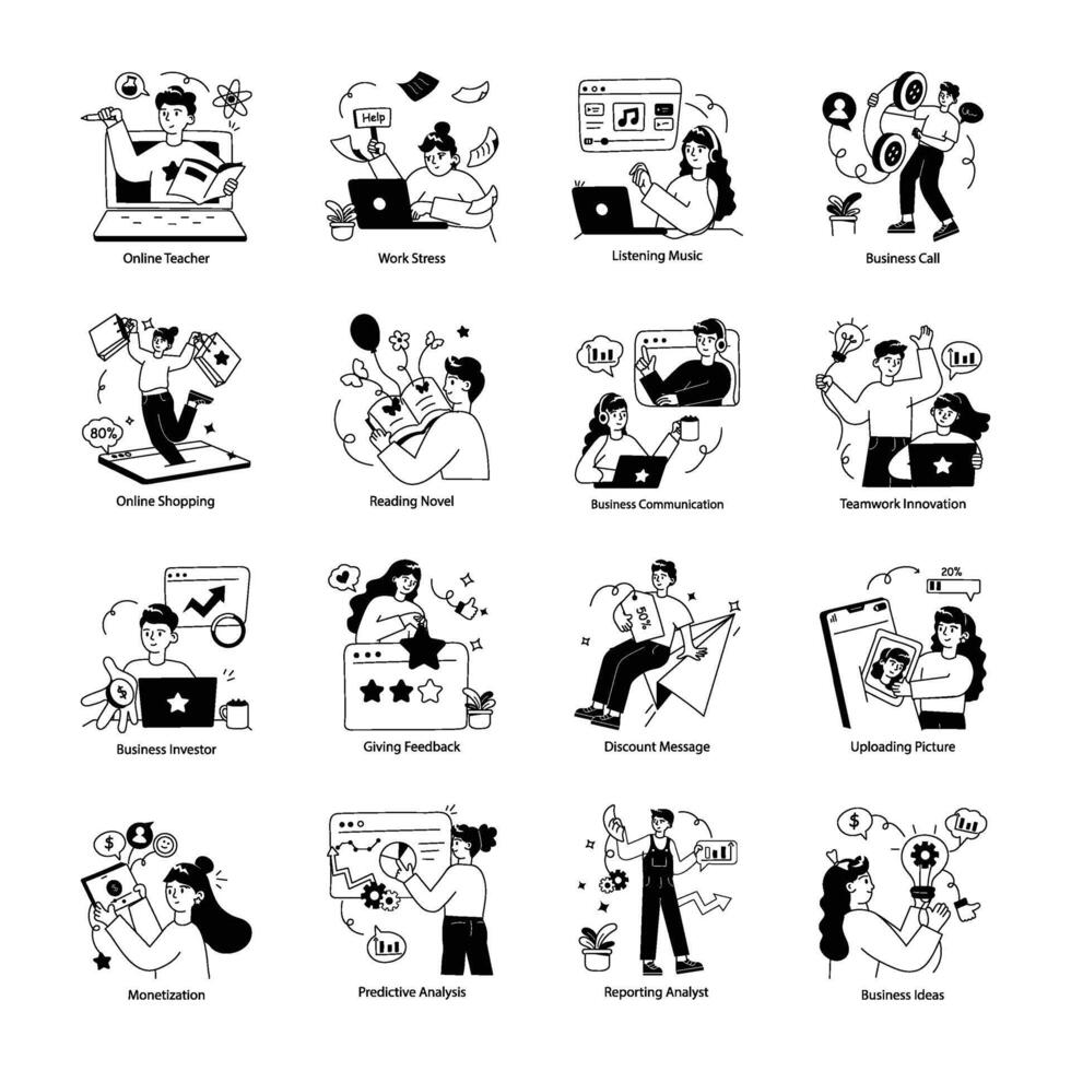 Collection of Business Operations Doodle Mini Illustrations vector
