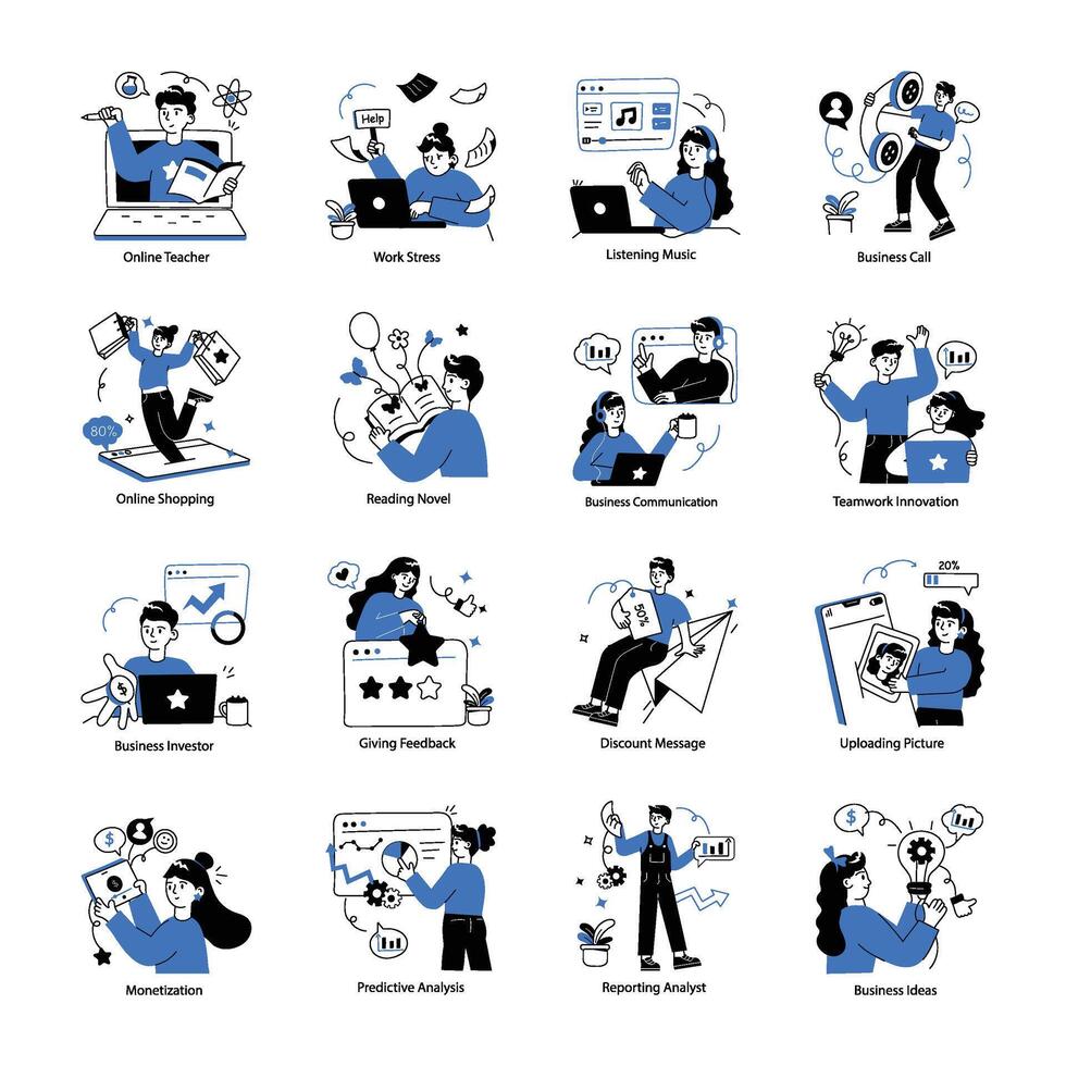 Collection of Business Operations Doodle Mini Illustrations vector