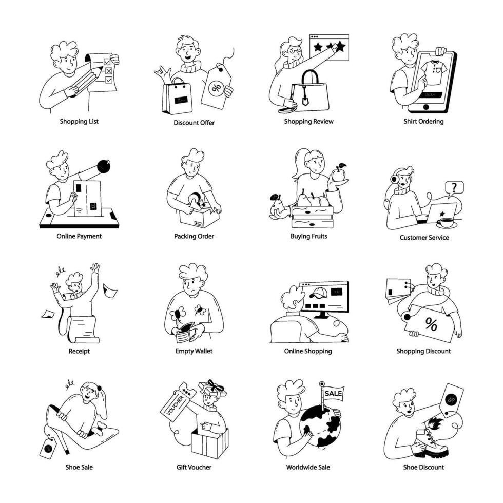 Latest Collection of Shopping Doodle Mini Illustrations vector