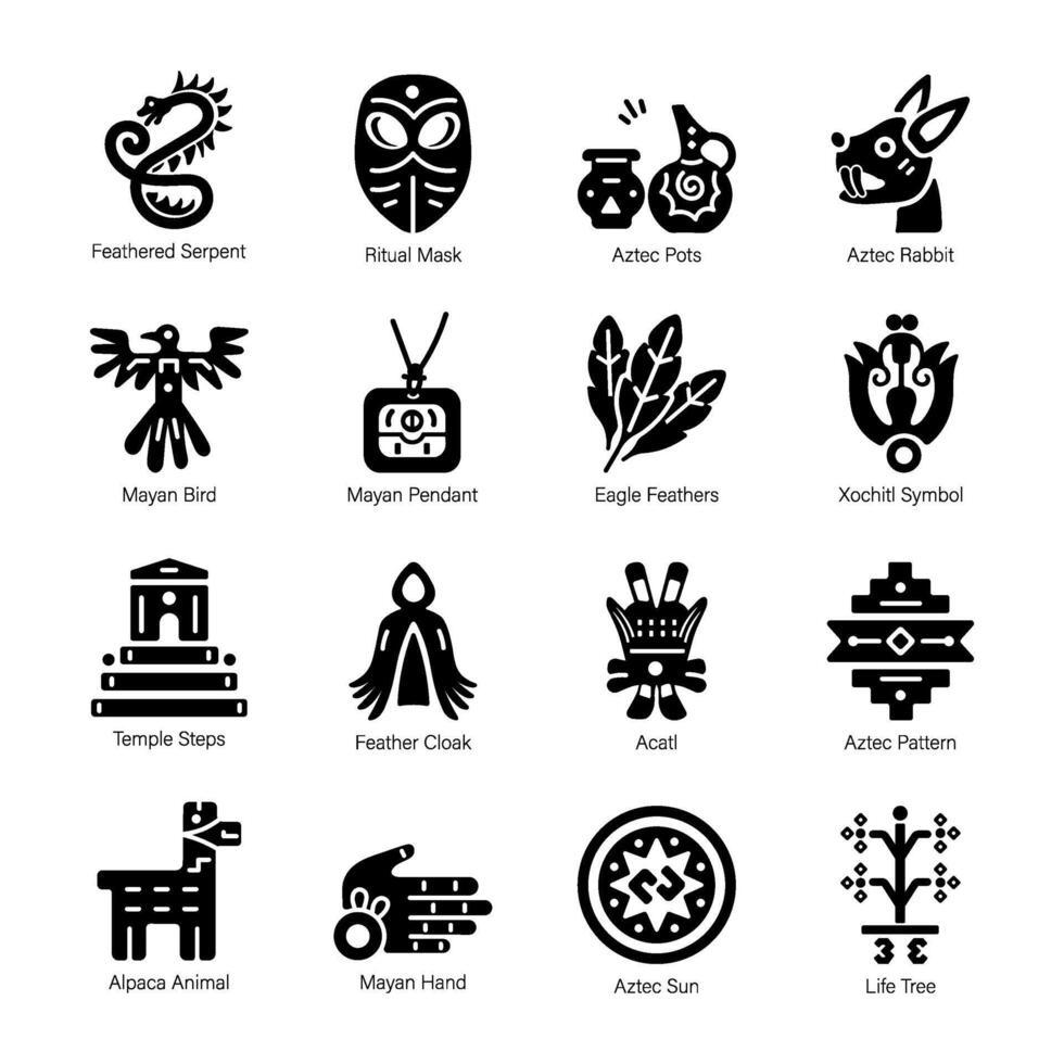Handy Pack of Aztec Mythology Solid Icons vector