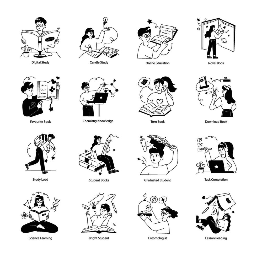 Latest Pack of Reading Material Doodle Mini Illustrations vector