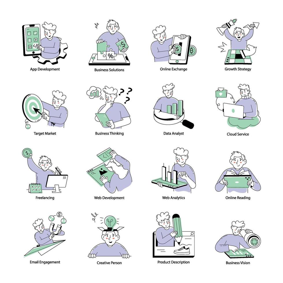 Collection of 16 Digital Business Doodle Mini Illustrations vector
