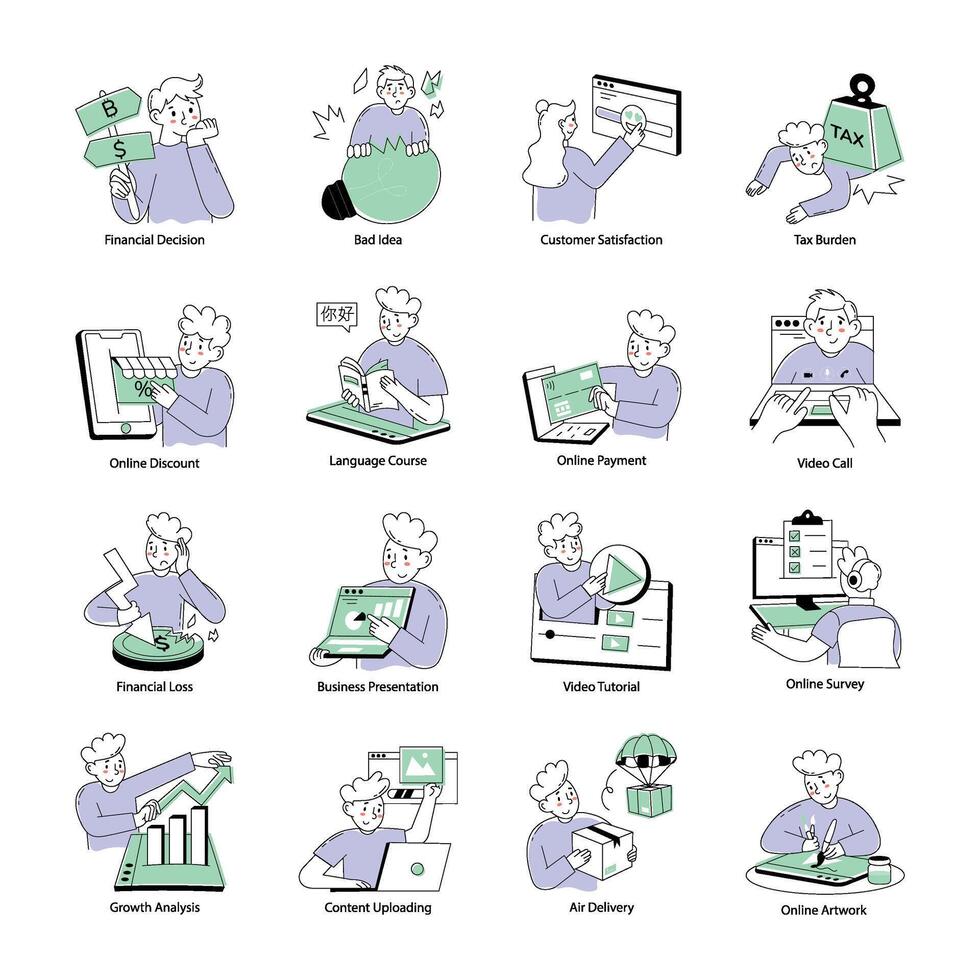 Pack of Digital Business Handling Doodle Mini Illustrations vector